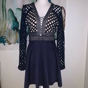 Fishnet lace up navy dress